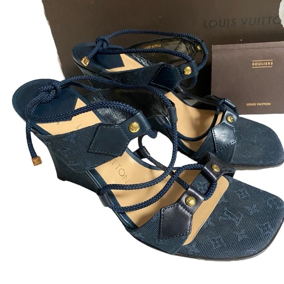 Louis Vuitton Dark Blue Monogram Canvas High Wedge Pump Sandals Sz 38.5 - Picture 7 of 12